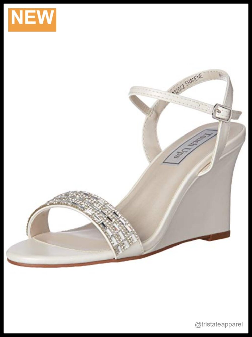 Wedge Heeled Sandal with Ankle Strap, Rhinestone Embellishment, Buckle Closure,